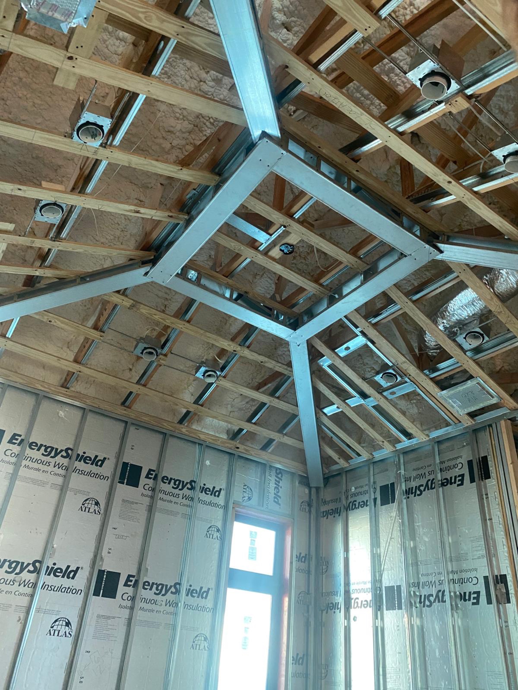 Steel framing for a vaulted ceiling.